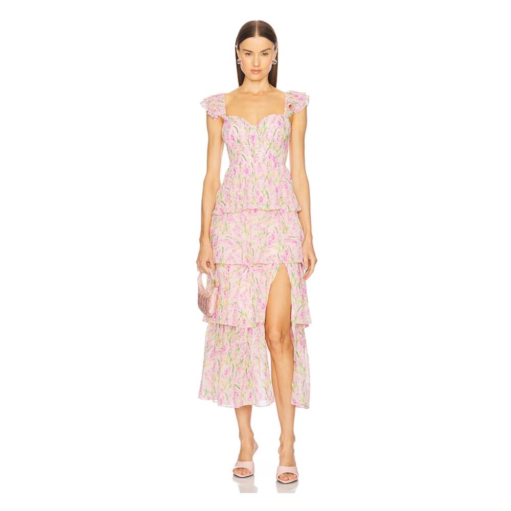 Astr The Label Midsummer Floral Tiered Midi Dress Pink Multi-World Large NWT